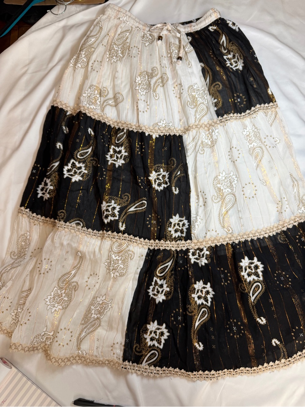 Tiered Black and White Paisley Maxi Skirt with Gold Accents